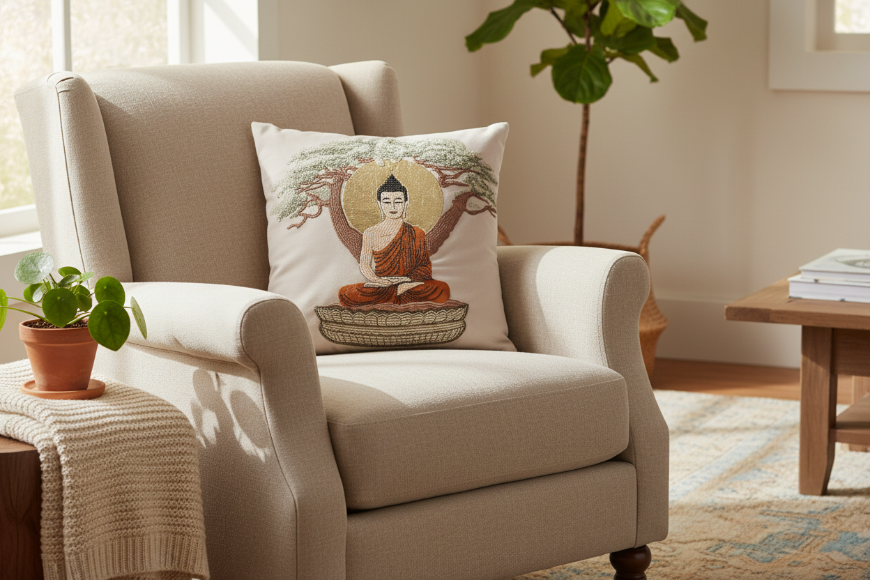 Artistic Buddha Cushion Cover (Beige)