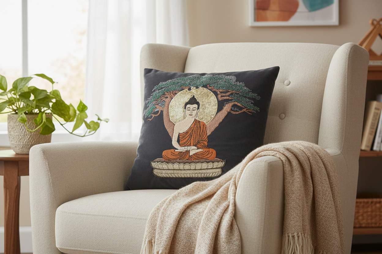 Artistic Buddha Cushion Cover (Grey)