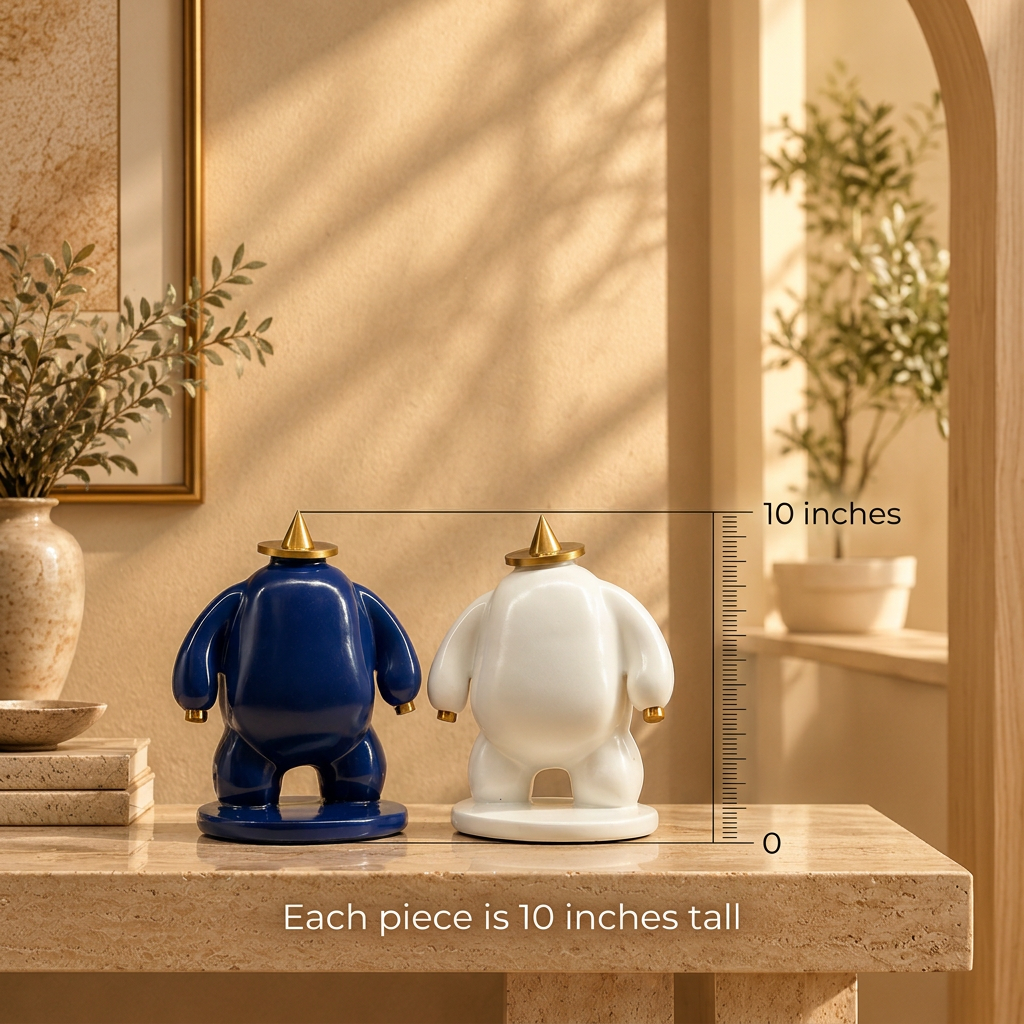 Each Aura Guardian statue with a ruler aligned from its base to the 10-inch hat tip