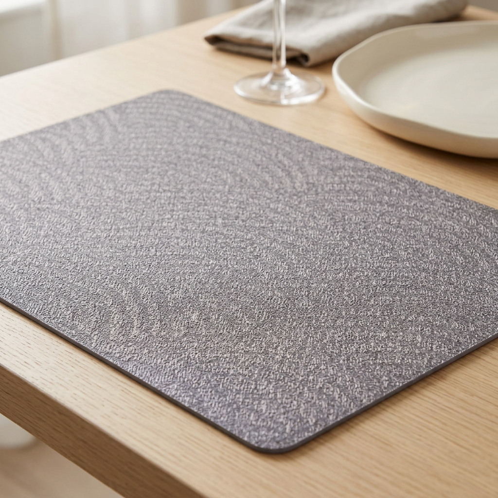 Grey table mat close-up on an aesthetic dining table