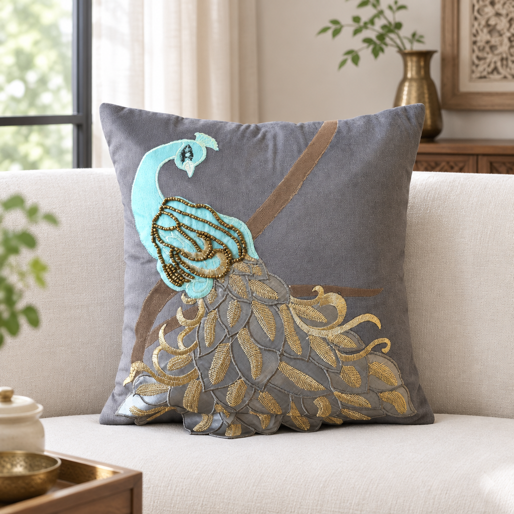 Royal Peacock 3D Design gray cushion cover styled in an aesthetic living room