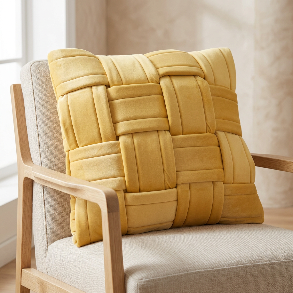 Yellow basket-weave cushion on an oak lounge chair
