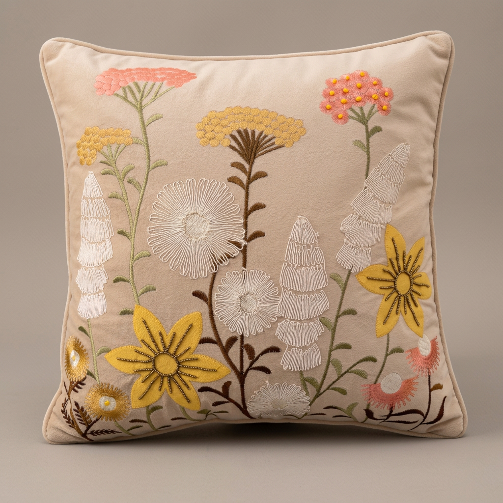 Beige floral cushion studio close-up showing embroidery and applique details