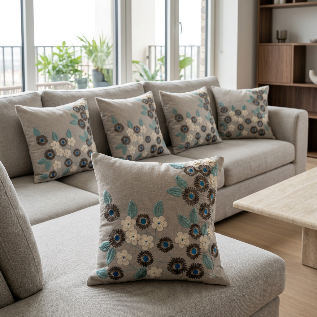 Blue Teal floral cushion set of five on a greige sectional, angled view