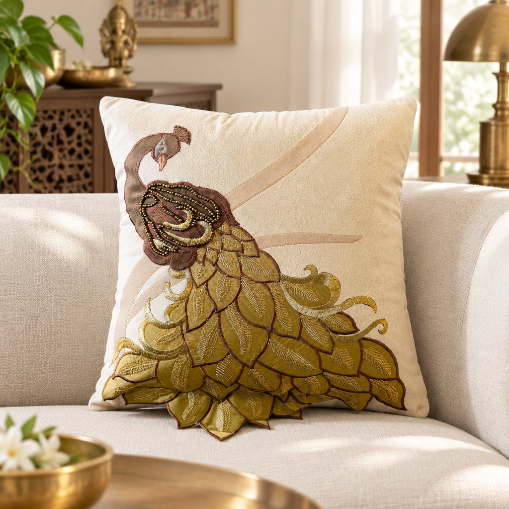 Royal Peacock 3D Design cream cushion cover styled in an aesthetic living room