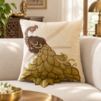 Royal Peacock 3D Design cream cushion cover styled in an aesthetic living room