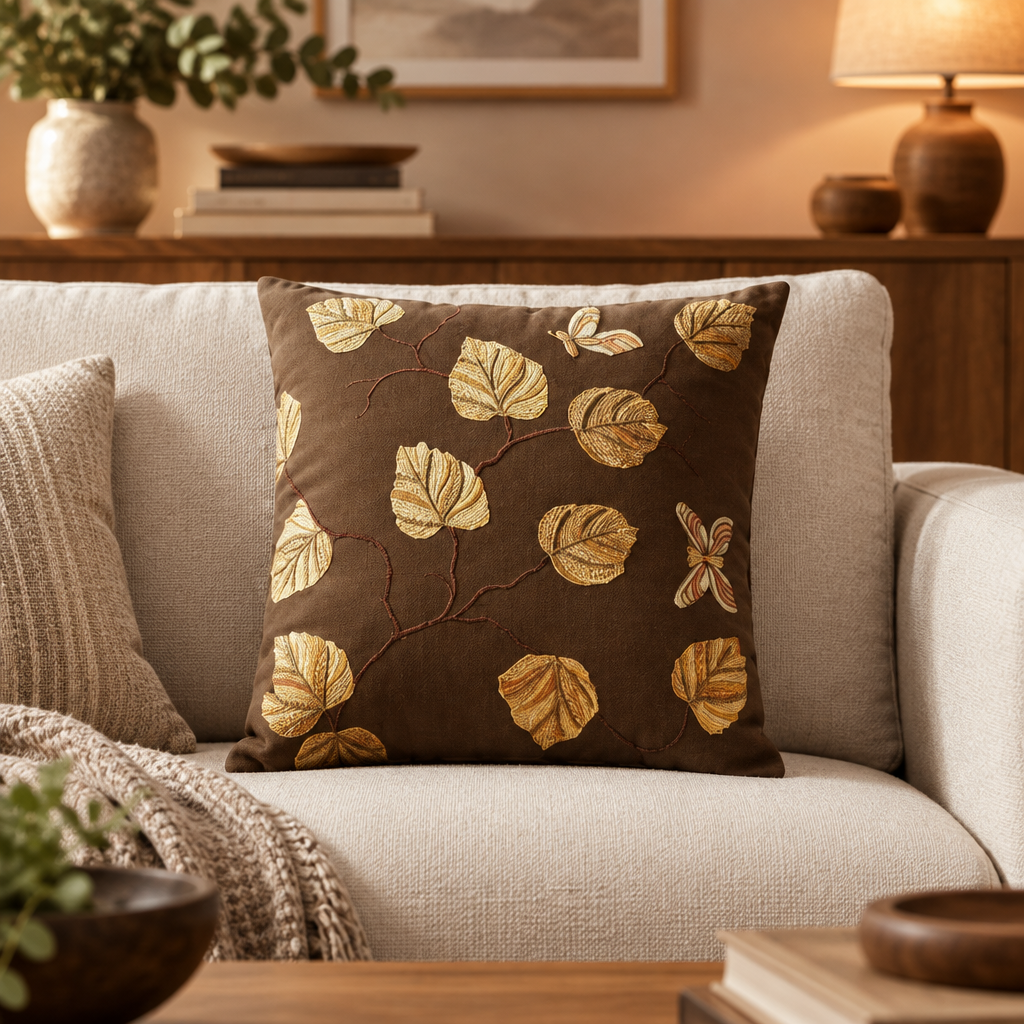 Autumn Flora brown cushion cover styled as the hero product in an aesthetic living room
