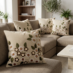Beige Brown floral cushion set of five on a taupe sectional, angled view