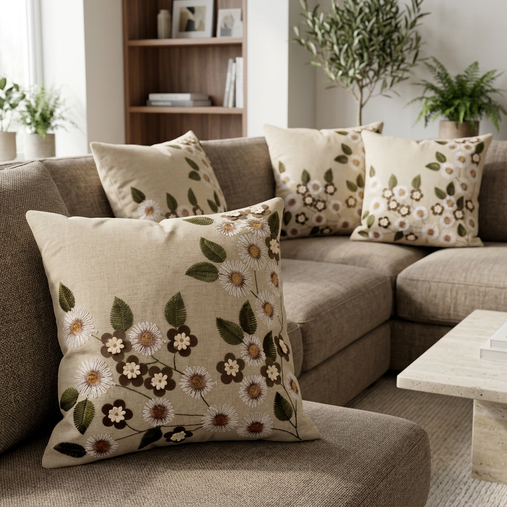 Beige Brown floral cushion set of five on a taupe sectional, angled view