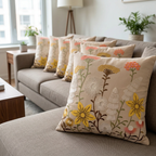 Beige floral cushion set of five on a sectional sofa, angled living-room view
