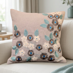 Single Blue Teal floral cushion cover on an ivory living-room sofa
