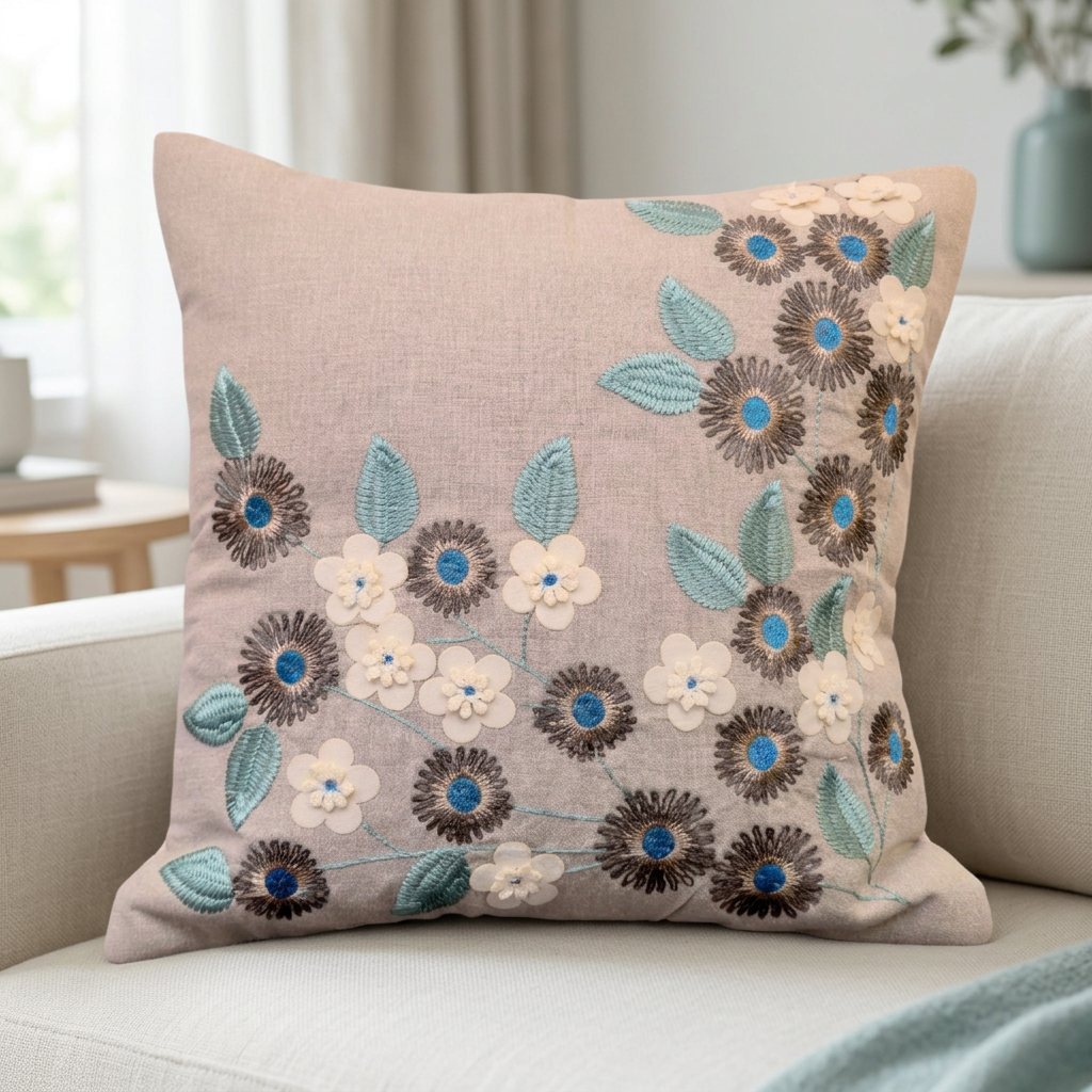 Single Blue Teal floral cushion cover on an ivory living-room sofa