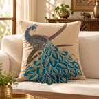 Royal Peacock 3D Design beige cushion cover styled in an aesthetic living room