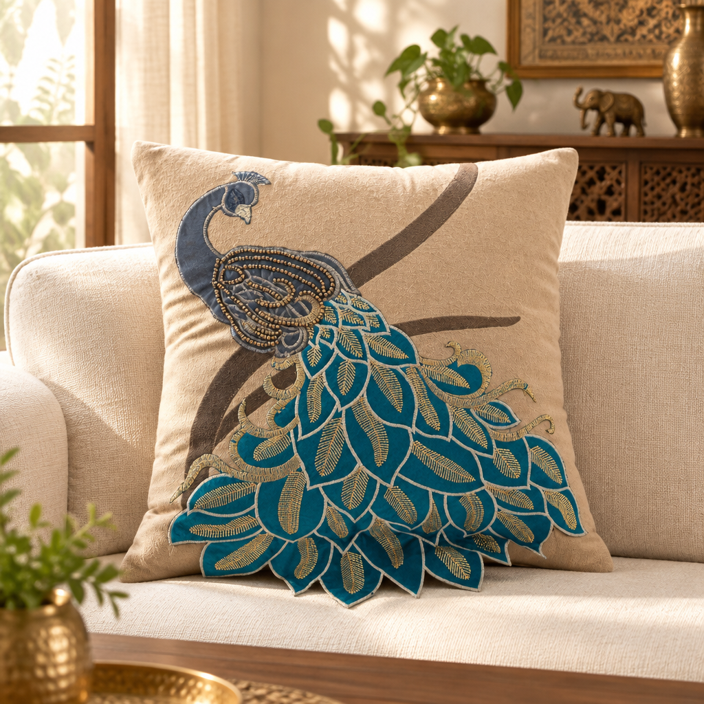 Royal Peacock 3D Design beige cushion cover styled in an aesthetic living room