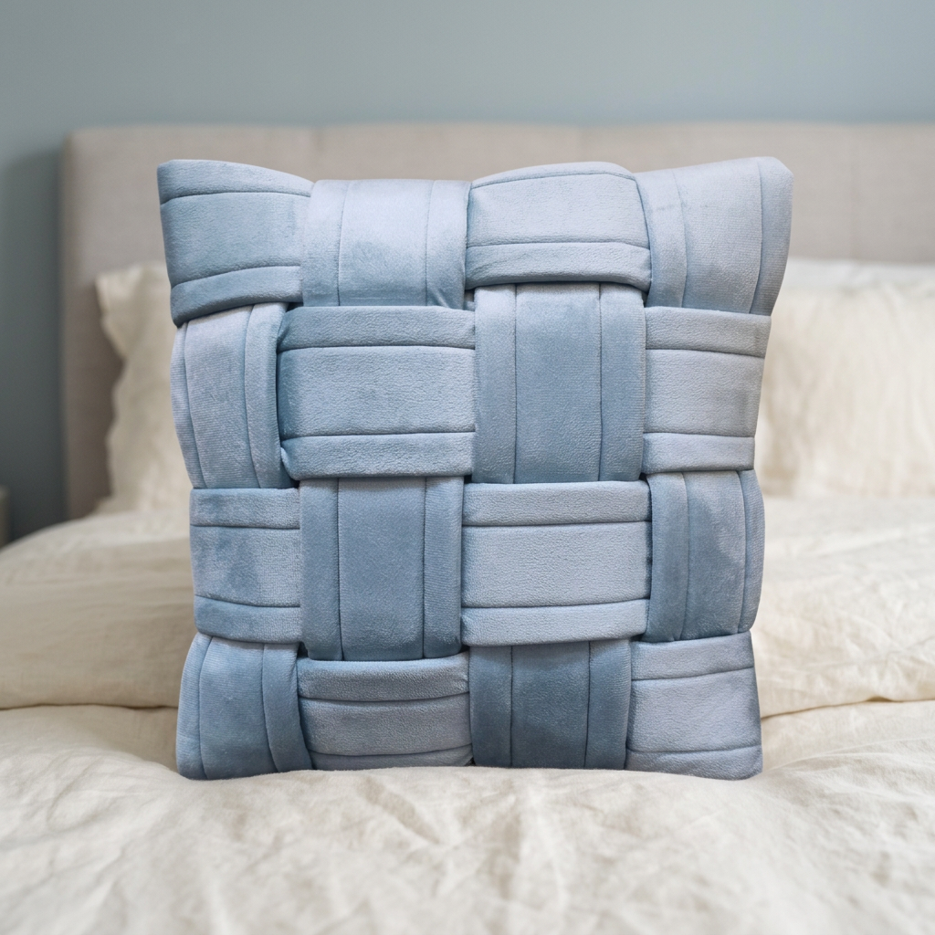 Blue basket-weave cushion in a bedroom setting