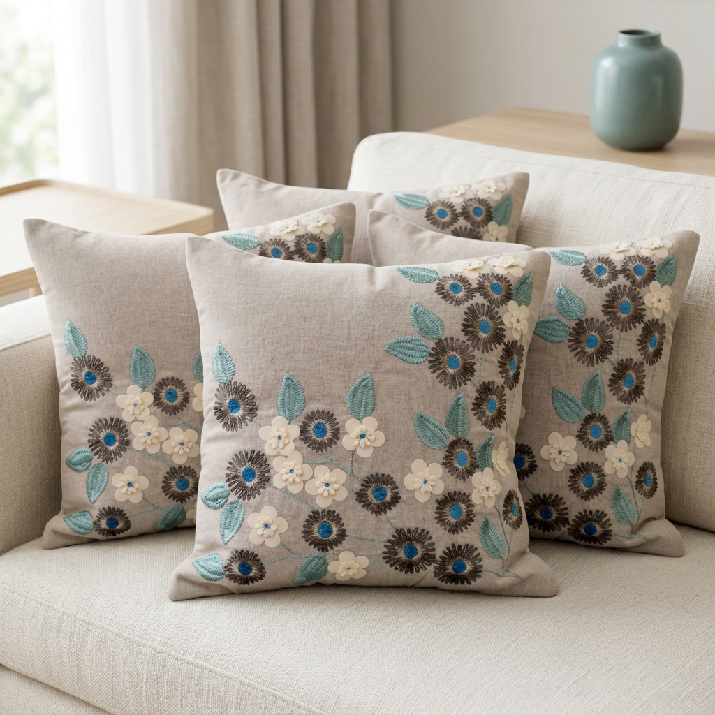 Blue Teal floral cushion set of five on an ivory living-room sofa, front view