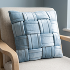 Blue basket-weave cushion on an oak lounge chair