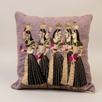 Panihari embroidered cushion studio photograph with pot-carrying women motif