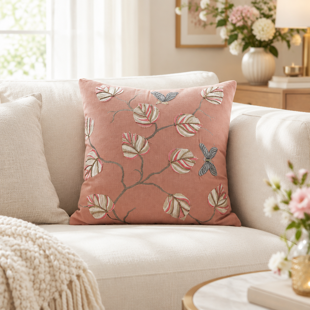 Autumn Flora peach cushion cover styled as the hero product in an aesthetic living room