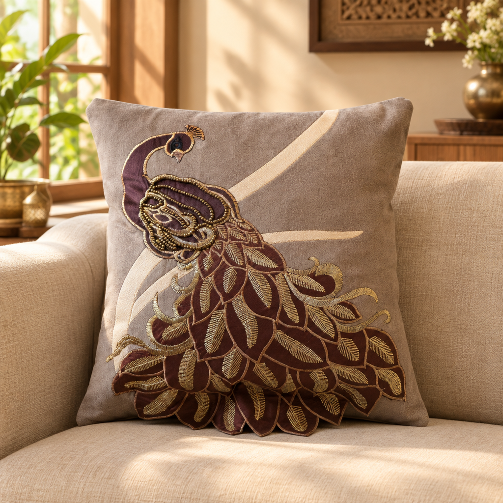 Royal Peacock 3D Design brown cushion cover styled in an aesthetic living room