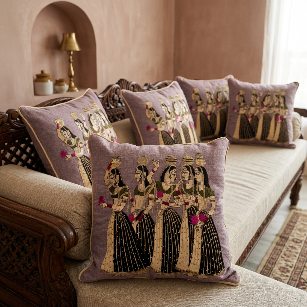 Panihari cushion set of five in a warm heritage-inspired living room