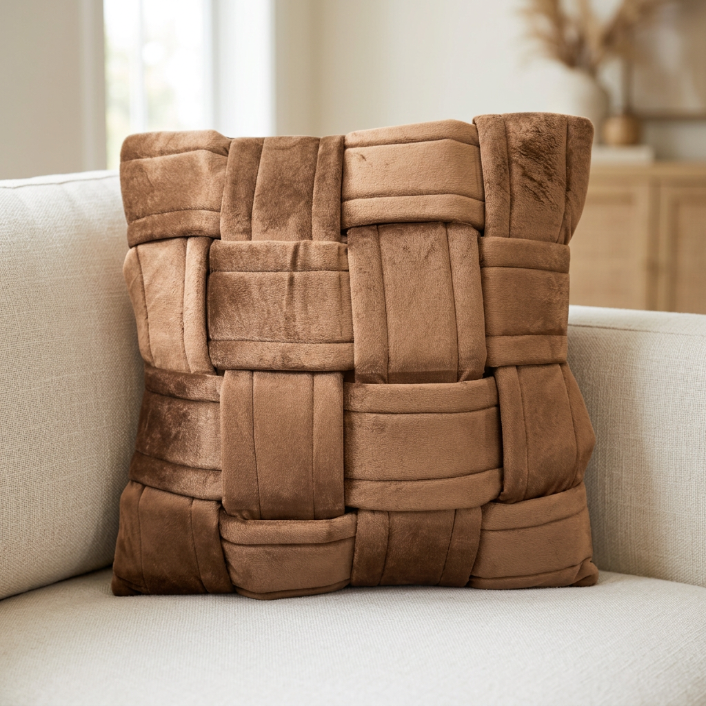 Brown basket-weave cushion on a linen sofa