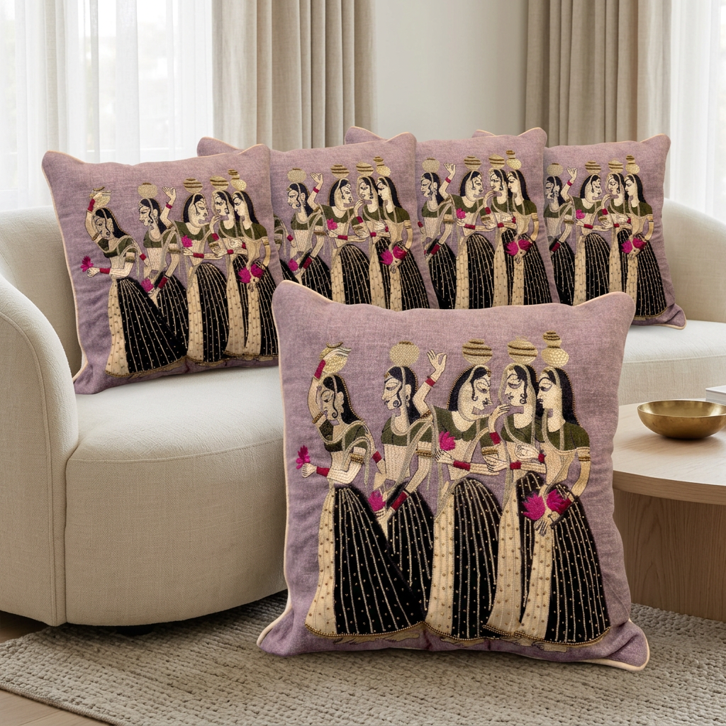 Panihari cushion set of five in a contemporary Indian living room