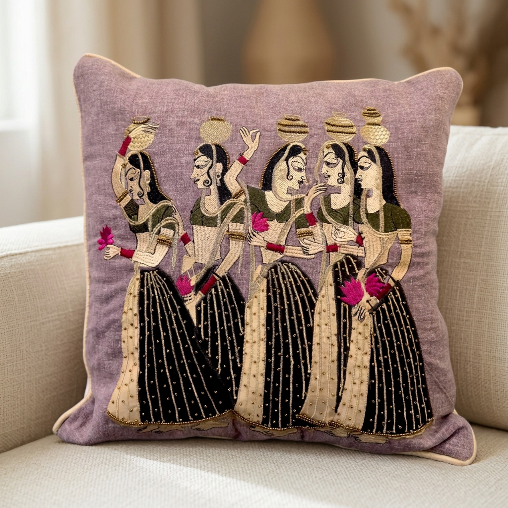 Panihari embroidered cushion close-up hero on an ivory sofa