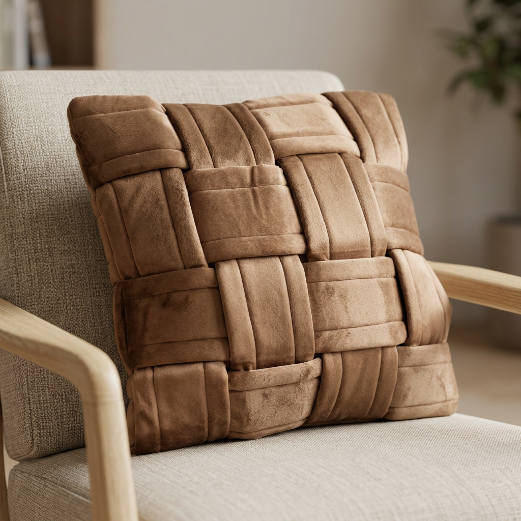 Brown basket-weave cushion on an oak lounge chair