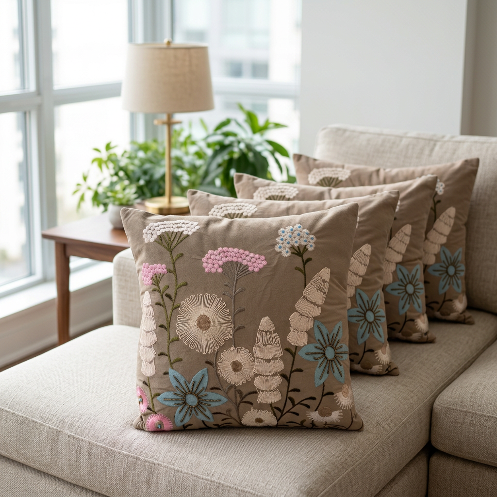 Brown floral cushion set of five on a sectional sofa, angled living-room view