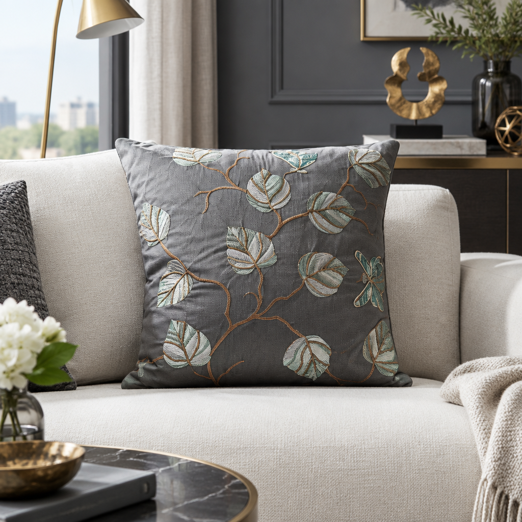 Autumn Flora grey cushion cover styled as the hero product in an aesthetic living room