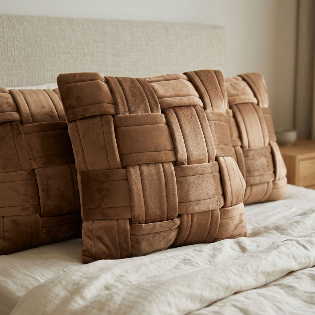 Brown basket-weave cushion in a bedroom setting