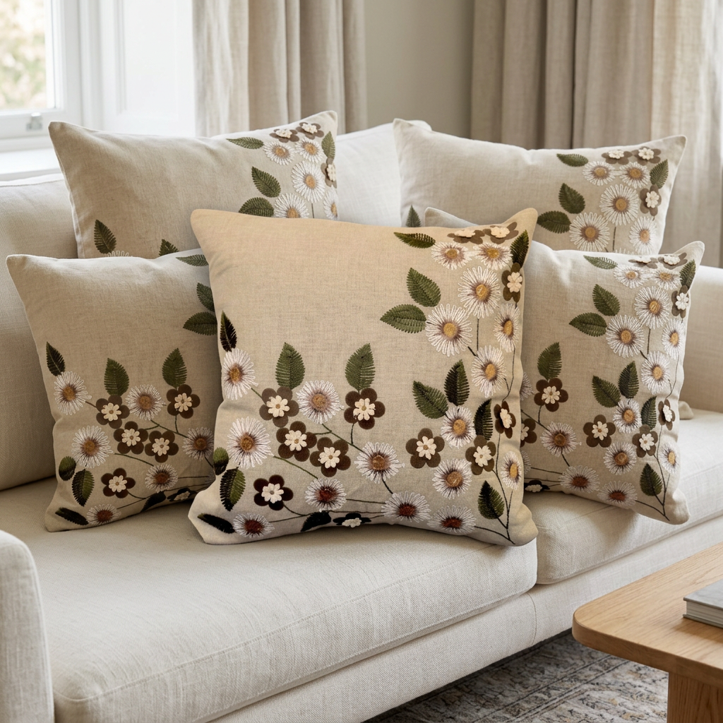 Beige Brown floral cushion set of five on an ivory living-room sofa, front view