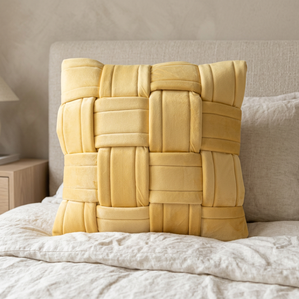 Yellow basket-weave cushion in a bedroom setting