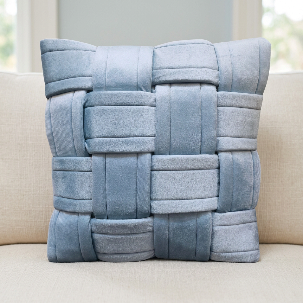 Blue basket-weave cushion on a linen sofa