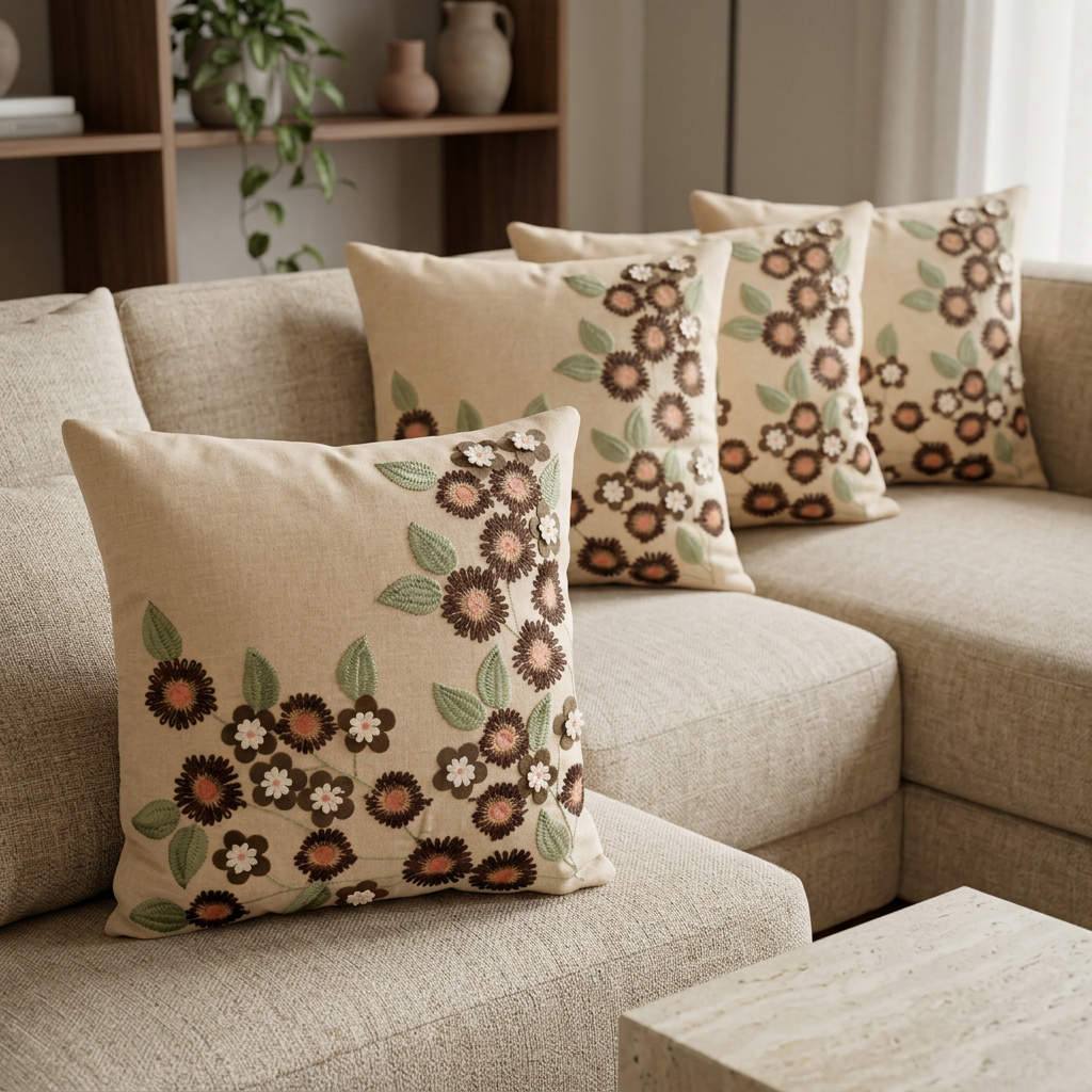 Beige Peach floral cushion set of five on an oatmeal sectional, angled view