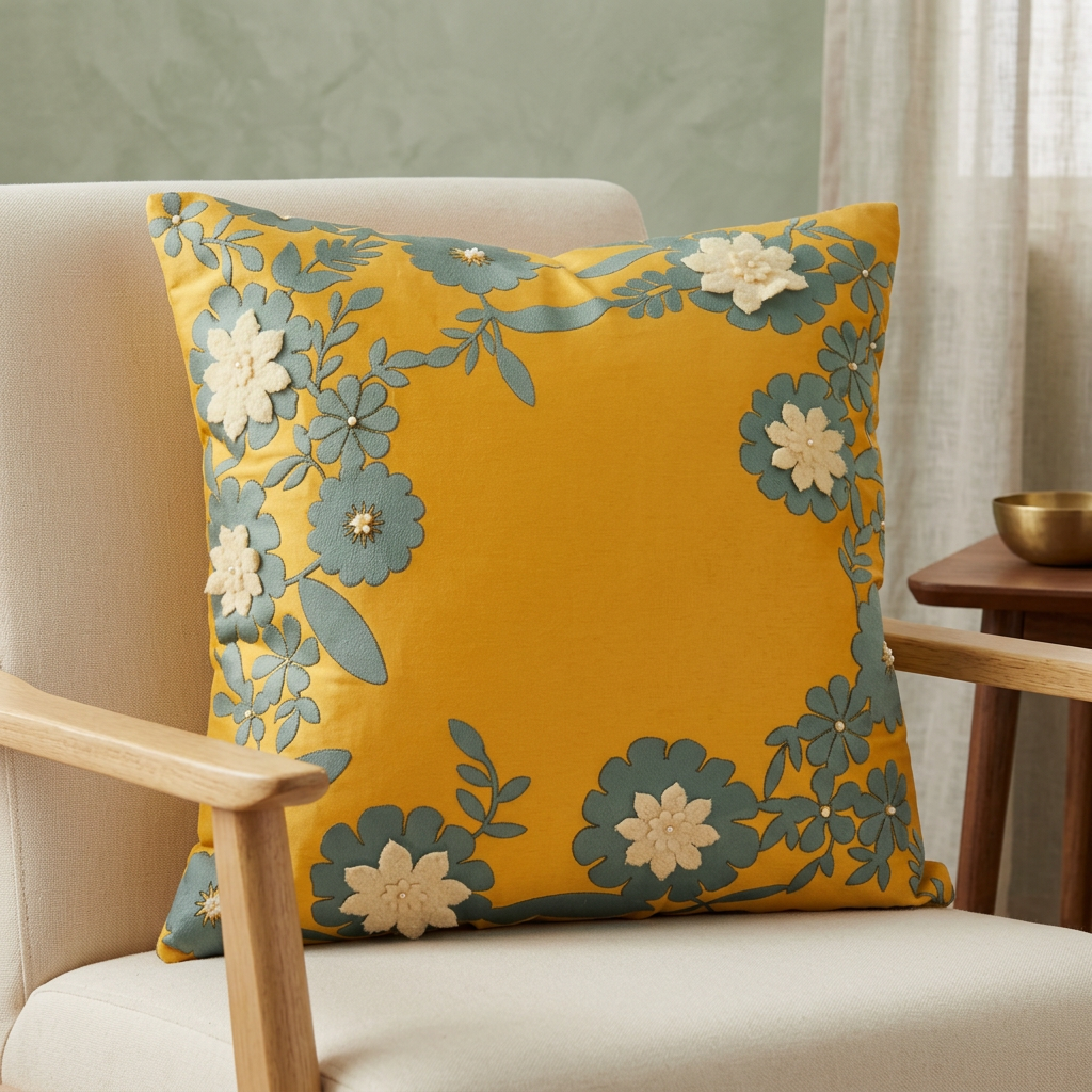 Phoolwari Yellow floral cushion on an oak lounge chair in a living room