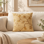Autumn Flora beige cushion cover styled as the hero product in an aesthetic living room