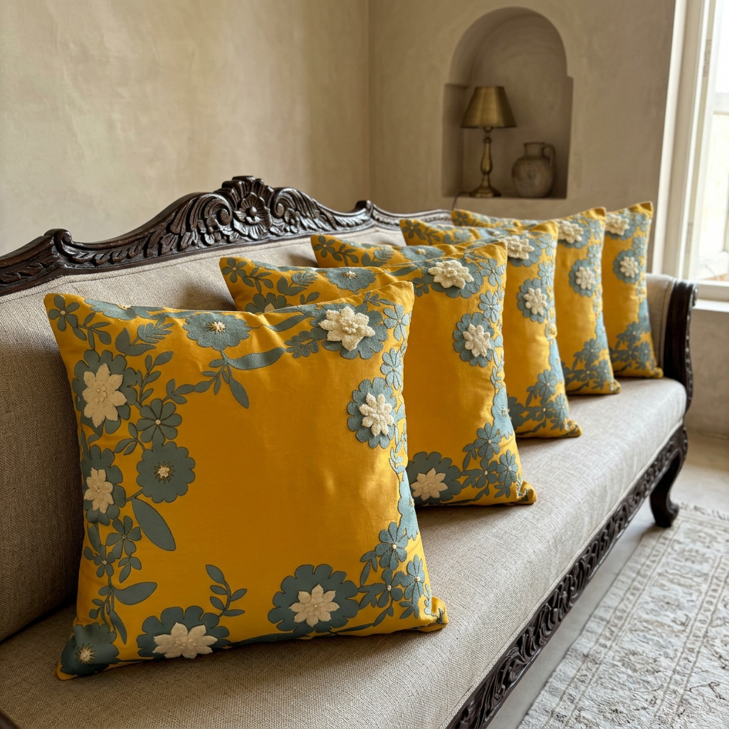 Phoolwari Yellow cushion set of five in a heritage-inspired living room