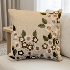 Single Beige Brown floral cushion cover on an ivory living-room sofa