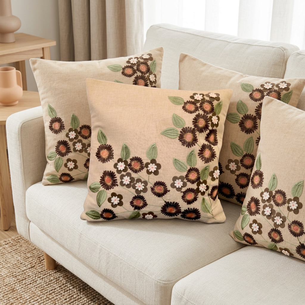 Beige Peach floral cushion set of five on an ivory living-room sofa, front view