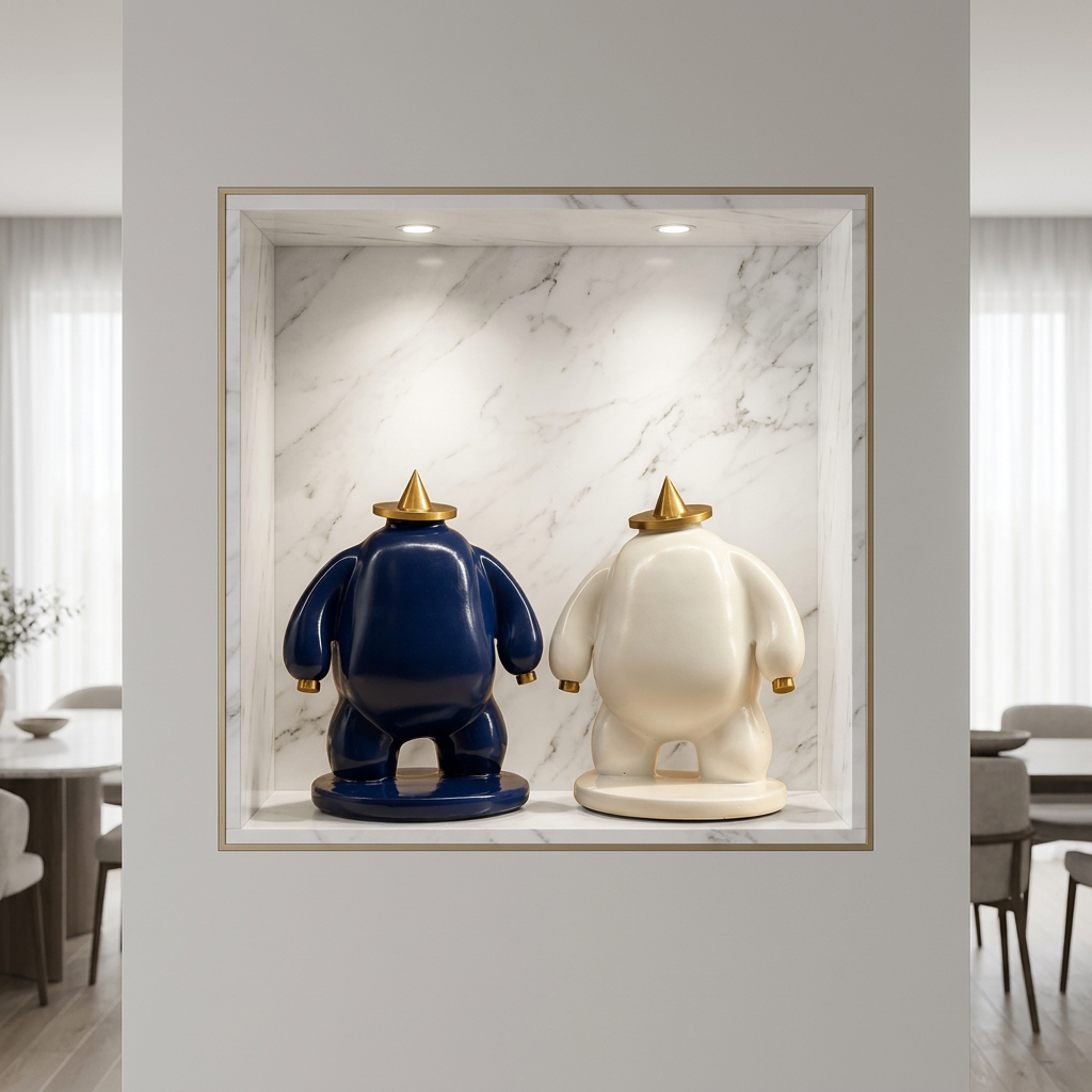 Statues in a marble display alcove in a luxury dining room