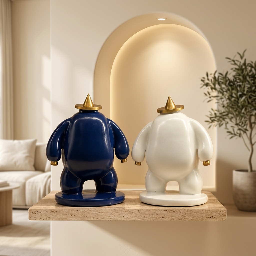 Statues in a warm minimalist living room display niche